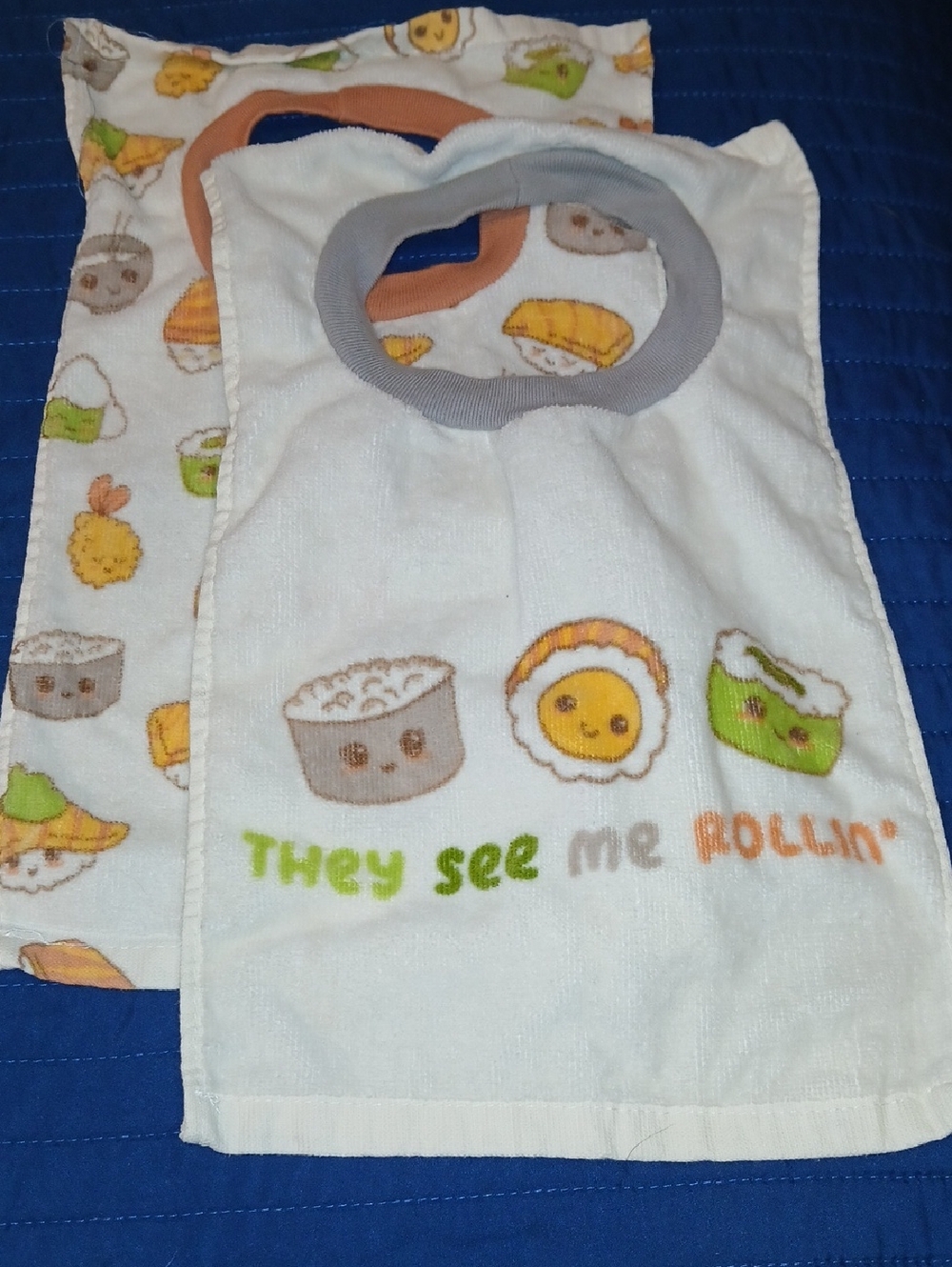 Neat Solutions White Baby Bib Set with Gray Trim and Colorful Sushi Prints